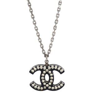 Chanel CC Chain Necklace Silver Black Rhinestone